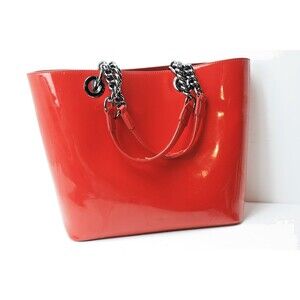DKNY Large Tote/Handbag/Shopping Red Patent Leather Purse Gunmetal Chain Handles